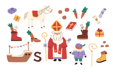 sinterklaas holiday elements in doodle style. saint nicholas, little piet, cute horse, ship, cookies