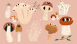 Cartoon different edible mushrooms characters set. Vector hand draw illustration.