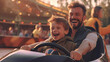 Cheerful father and son and have fun while driving a bumper car in an amusement park. Generative Ai