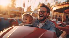 Cheerful Father And Son And Have Fun While Driving A Bumper Car In An Amusement Park. Generative Ai