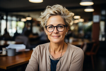 Smiling woman in eyeglasses in office. Created with AI.