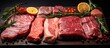 © AkuAku - Assorted raw meat including steak salmon beef pork and chicken on a black background
