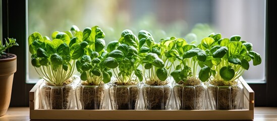 Wall Mural - Growing turnip seedlings salad and spinach in a mini greenhouse at home for leisure in spring