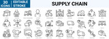Fototapeta Zachód słońca - set of 30 line web icons related to supply chain, value chain, logistic, delivery, manufacturing, commerce. Outline icon collection. Vector illustration. Editable stroke