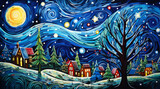 Fototapeta Nowy Jork - Christmas in small north town painting.
