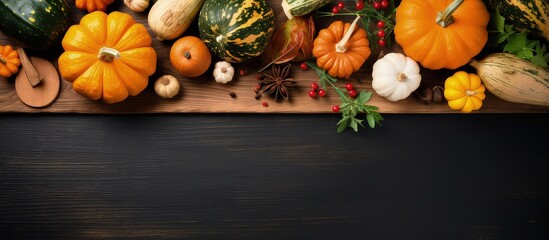 Poster - Top view of an empty rustic cutting board with autumn pumpkins vegetables and herbs symbolizing seasonal organic and healthy food