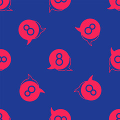 Red 8 March in speech bubble icon isolated seamless pattern on blue background. International Happy Women Day. Vector