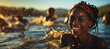 Joyful African woman collecting lake water, with mountains and open sky reflected.