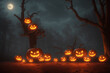 a group of pumpkins and candles in a glum mist
