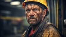 Close Up Hdr Portrait Of A Hard Working Oil Plant Worker Wearing A Helmet And Dripping Oil On His Face