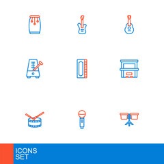 Poster - Set line Bongo drum, Microphone, Drum with sticks, Piano, Metronome pendulum, Harmonica, Guitar and Electric bass guitar icon. Vector