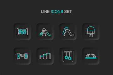 Poster - Set line Monkey bar, Gymnastic rings, Sport horizontal, Playground kids bridge, Hopscotch, Slide playground, and Education logic game icon. Vector