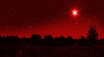 Sticker - Bright star shines over the manger of christmas of Jesus Christ on red starry sky