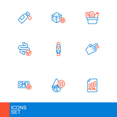 Canvas Print - Set line Diet plan, Palm oil free, No GMO, Finger blood, Intestines, Smart watch with heart, Shopping bag and food and sugar icon. Vector