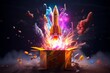 Cartoon Rocket Bursting Out of a Cardboard Box with Colorful Stars and Confetti, Copy Space