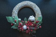 View From Above On Christmas Wreath With Cute Owl