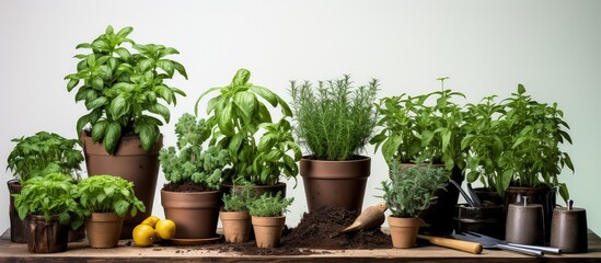 Wall Mural - Organizing your herb garden patio and indoor plants Enjoying tea surrounded by garden tools and flower pots