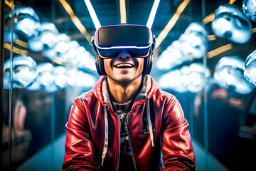 Wall Mural - Young happy cheerful man in vr headset watching something fascinating in virtual reality cyberspace metaverse