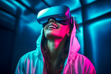 Poster - Young happy cheerful girl with vr headset in virtual reality