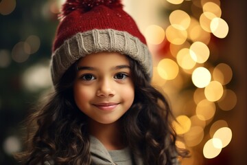 Canvas Print - christmas, holidays and people concept - smiling little girl in winter hat over lights background