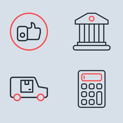 Wall Mural - Set line Bank building, Delivery cargo truck, Calculator and Hand like icon. Vector