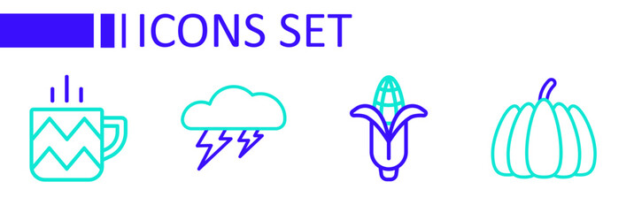 Poster - Set line Pumpkin, Corn, Cloud and lightning and Cup of tea icon. Vector