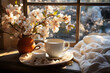 Cozy warm spring composition with cup of hot coffee or chocolate, cozy blanket and blossoming cherry branches on sunny spring day. Spring home decor. Easter.