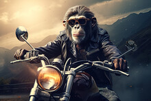 Image Of Cool Chimpanz Monkey Wearing Sunglasses Is Riding A Chopper Motorcycle. Animal., Illustration, Generative AI.