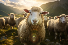 Image of a flock of sheep on a natural background. Farm Animals. Illustration, Generative AI.