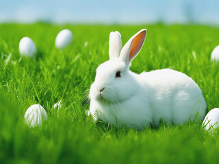 Wall Mural - A rabbit is playing with a grass meadow with white eggs on green grass Generative AI