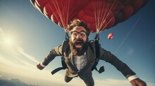 Conceptual Image Of Businessman Flying With Parachute On Back.