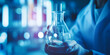 Glass flask vial with  liquid in chemical science laboratory with scientist hand with glove background,  Scientific Experiment in Laboratory
 Ai Generative