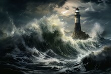 Illustration Depicting A Turbulent Lighthouse Amidst A Choppy Sea. Generative AI