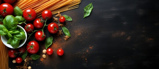 Wall Mural - Italian cuisine ingredients Pasta tomatoes basil View from above with blank area