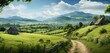 Rolling countryside with a quaint village background. Generative AI