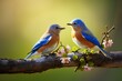 During a springtime courting ritual, a male eastern bluebird nourishes its mate. Generative AI