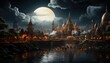 An arabic kingdom under the clouds with full moon at night, lights, river, castle