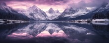 Snow Morning At Mountain Lake. Snowy Mountains, Blue Sea, Reflection In Water And Purple Sky At Colorful Sunset. Ideal Resting Place. Beauty Of Nature Concept Background