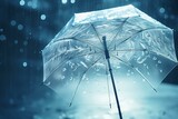 Fototapeta  - Transparent umbrella under downpour with water drops splashing in the background. Depicting rainy weather. Generative AI