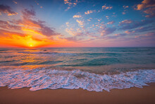 Tropical Sunrise Over Ocean Waves And Beach Shore, Sea Horizon  Nature Landscape