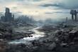 Ruined landscape in bleak destroyed world. Generative AI