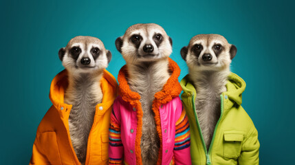 Meerkat wearing human clothes. Abstract art background copyspace concept.