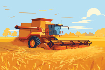 Wall Mural - Combine harvester working in wheat field. Wheat harvesting process with modern combine, vector