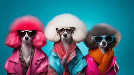 Wall Mural - Poodles wearing human clothes. Abstract art background copyspace concept.