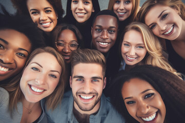 Happy group of young people smiling at camera outdoors - Smiling friends having fun hanging out on city street - University students standing together taking selfie. - Friendship and team concept