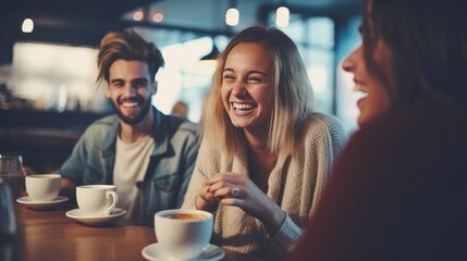 Wall Mural - Cheerful young group of friends having fun together in a cafe