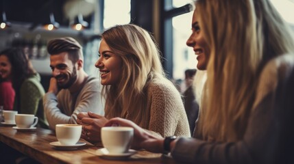 Wall Mural - Cheerful young group of friends having fun together in a cafe