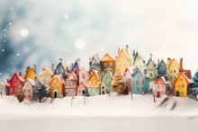 Fairy Tale Winter Town, Watercolor. Cute Toy Winter Or Christmas Houses In The Snow. Merry Christmas And Happy New Year Background