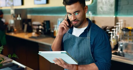 Aufkleber - Man, phone call and tablet for cafe communication, online management or customer service in restaurant. Small business owner, waiter or barista on mobile and digital inventory for coffee shop startup