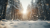 Fototapeta Las - Low angle winter forest landscape blurry background with snow trees and snowfall